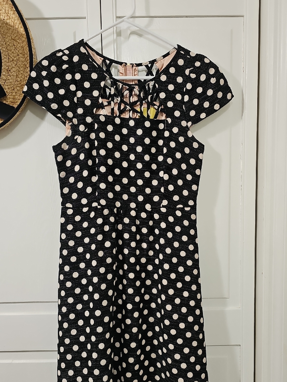 Junior's Size 0 Maeve Black and White Polka Dot Dress with Lace-Up Neckline